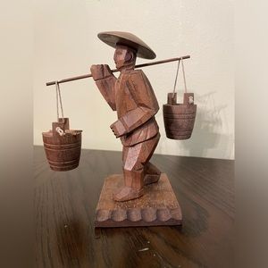 Vintage Wooden Asian Hand Carved Man Carrying Water Buckets Figurine